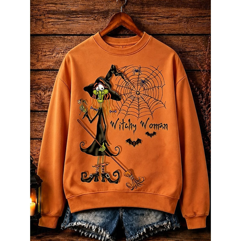 Halloween Sweatshirt Green Witch Print Women's Crew-Neck Pullover – Casual, Festive Costume Gift