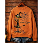 Halloween Sweatshirt Green Witch Print Women's Crew-Neck Pullover – Casual, Festive Costume Gift