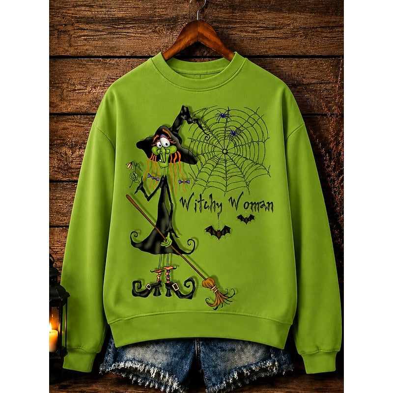Halloween Sweatshirt Green Witch Print Women's Crew-Neck Pullover – Casual, Festive Costume Gift