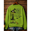 Halloween Sweatshirt Green Witch Print Women's Crew-Neck Pullover – Casual, Festive Costume Gift