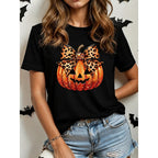 Halloween T-Shirt Cotton Women's Orange Pumpkin Leopard Bow Graphic Crew Neck Tee – Casual, Gift