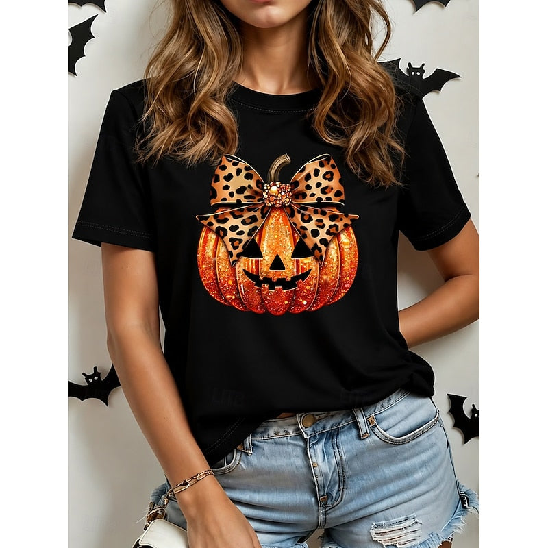 Halloween T-Shirt Cotton Women's Orange Pumpkin Leopard Bow Graphic Crew Neck Tee – Casual, Gift