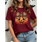 Halloween T-Shirt Cotton Women's Orange Pumpkin Leopard Bow Graphic Crew Neck Tee – Casual, Gift