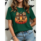 Halloween T-Shirt Cotton Women's Orange Pumpkin Leopard Bow Graphic Crew Neck Tee – Casual, Gift