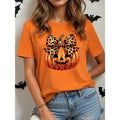 Halloween T-Shirt Cotton Women's Orange Pumpkin Leopard Bow Graphic Crew Neck Tee – Casual, Gift