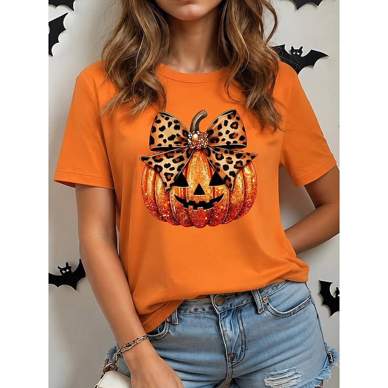 Halloween T-Shirt Cotton Women's Orange Pumpkin Leopard Bow Graphic Crew Neck Tee – Casual, Gift