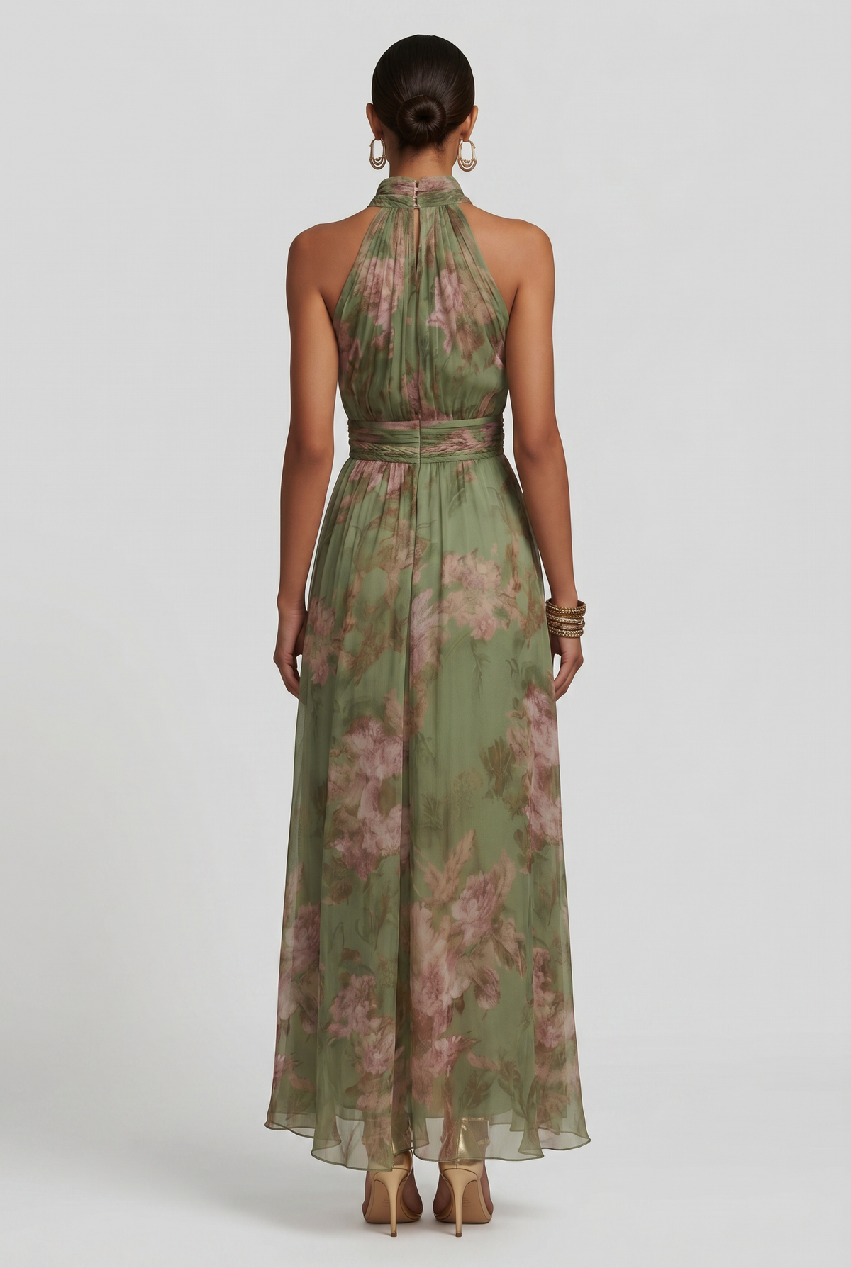 Halterneck Maxi Dress Chiffon Green Floral Women's – Wedding Guest, Holiday, Occasion, Summer