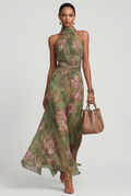 Halterneck Maxi Dress Chiffon Green Floral Women's – Wedding Guest, Holiday, Occasion, Summer