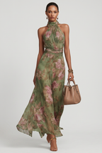 Halterneck Maxi Dress Chiffon Green Floral Women's – Wedding Guest, Holiday, Occasion, Summer