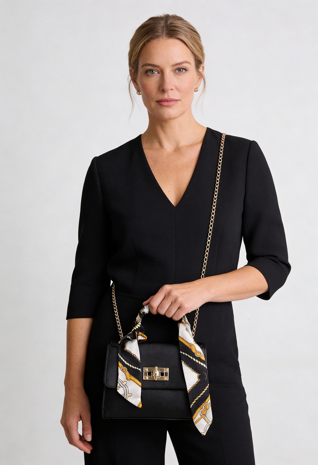 Handbag Faux Leather Black Women's Mini Crossbody with Scarf Handle Gold Chain – Casual, Office, Gift