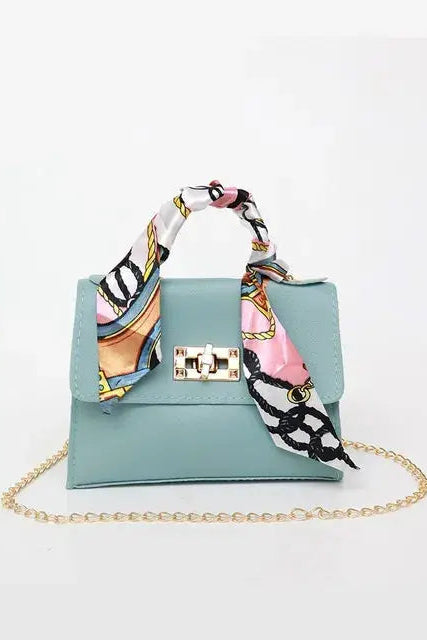 Handbag Faux Leather Black Women's Mini Crossbody with Scarf Handle Gold Chain – Casual, Office, Gift