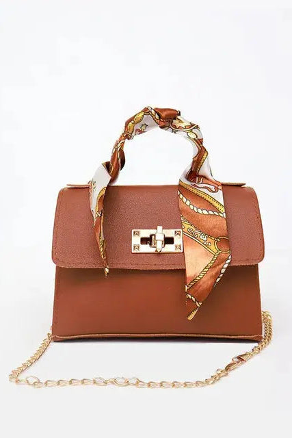 Handbag Faux Leather Black Women's Mini Crossbody with Scarf Handle Gold Chain – Casual, Office, Gift