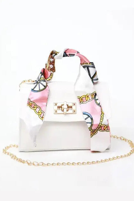 Handbag Faux Leather Black Women's Mini Crossbody with Scarf Handle Gold Chain – Casual, Office, Gift
