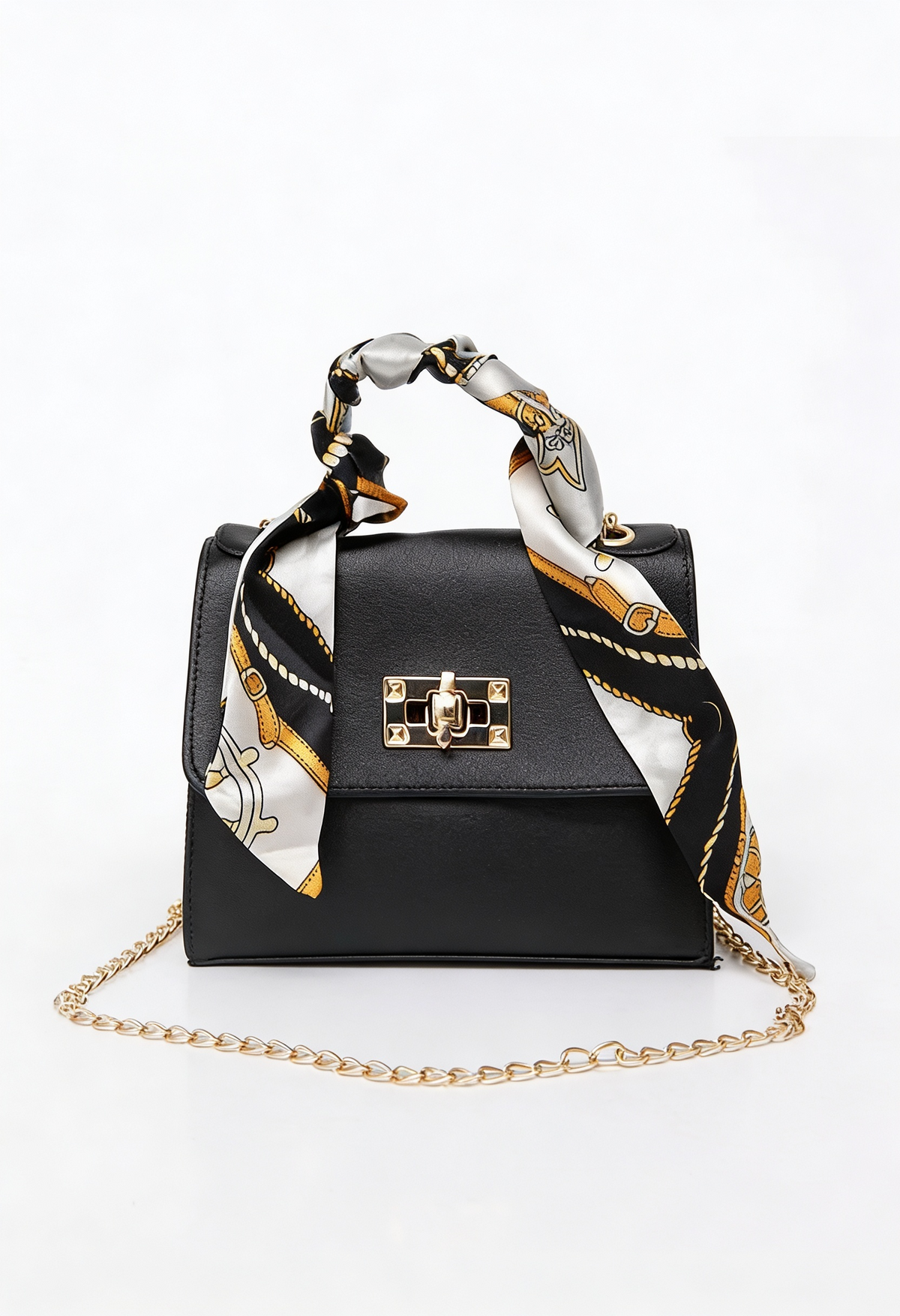 Handbag Faux Leather Black Women's Mini Crossbody with Scarf Handle Gold Chain – Casual, Office, Gift