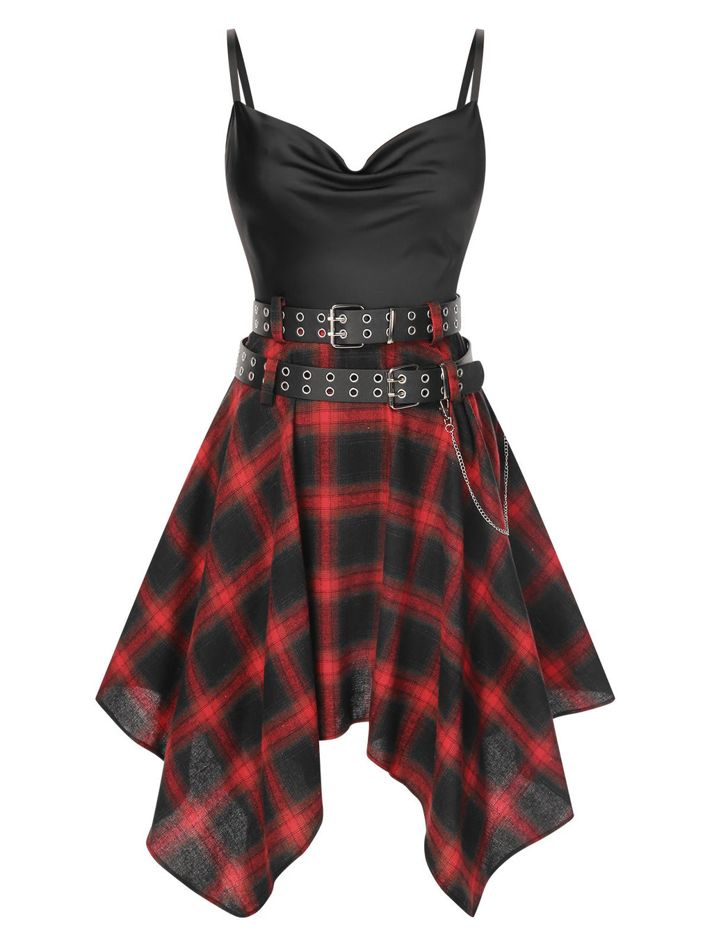 Handkerchief Hem Cami Dress Plaid Cowl Neck Women's with Belts – Gothic, Casual, Party Gift