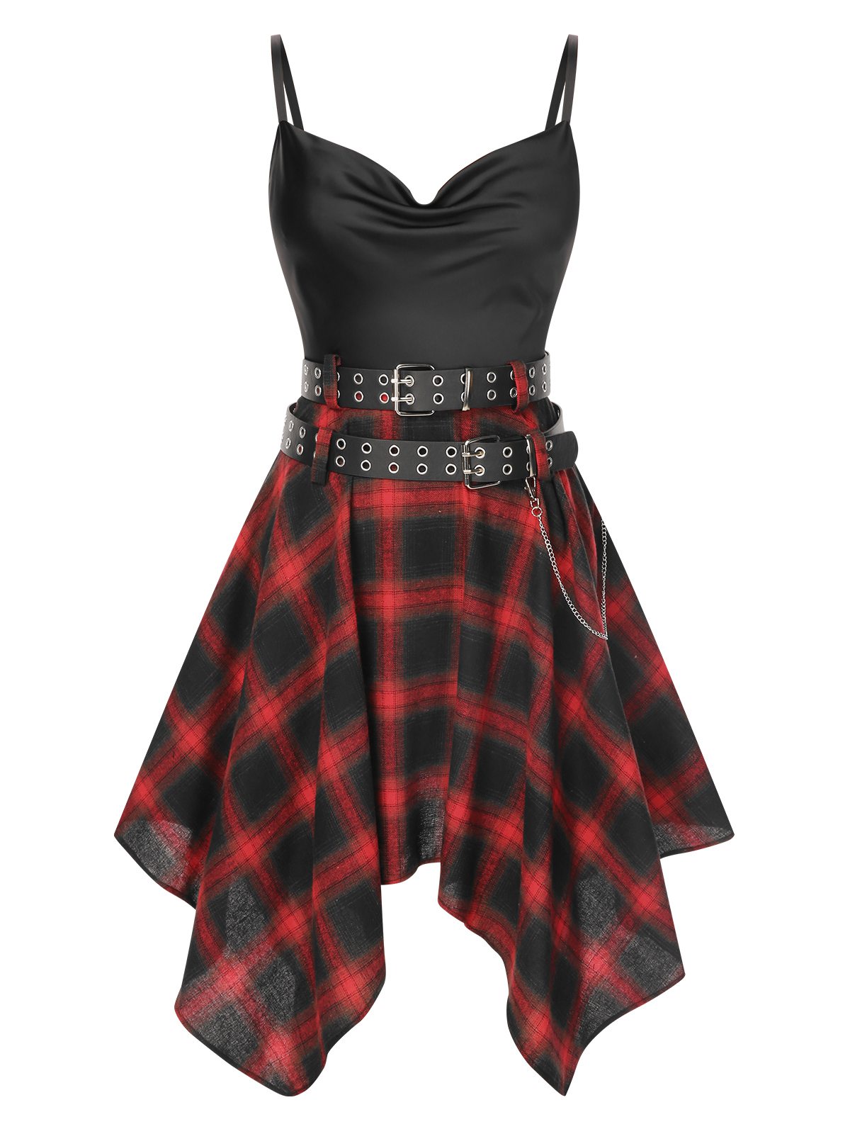 Handkerchief Hem Cami Dress Plaid Cowl Neck Women's with Belts – Gothic, Casual, Party Gift