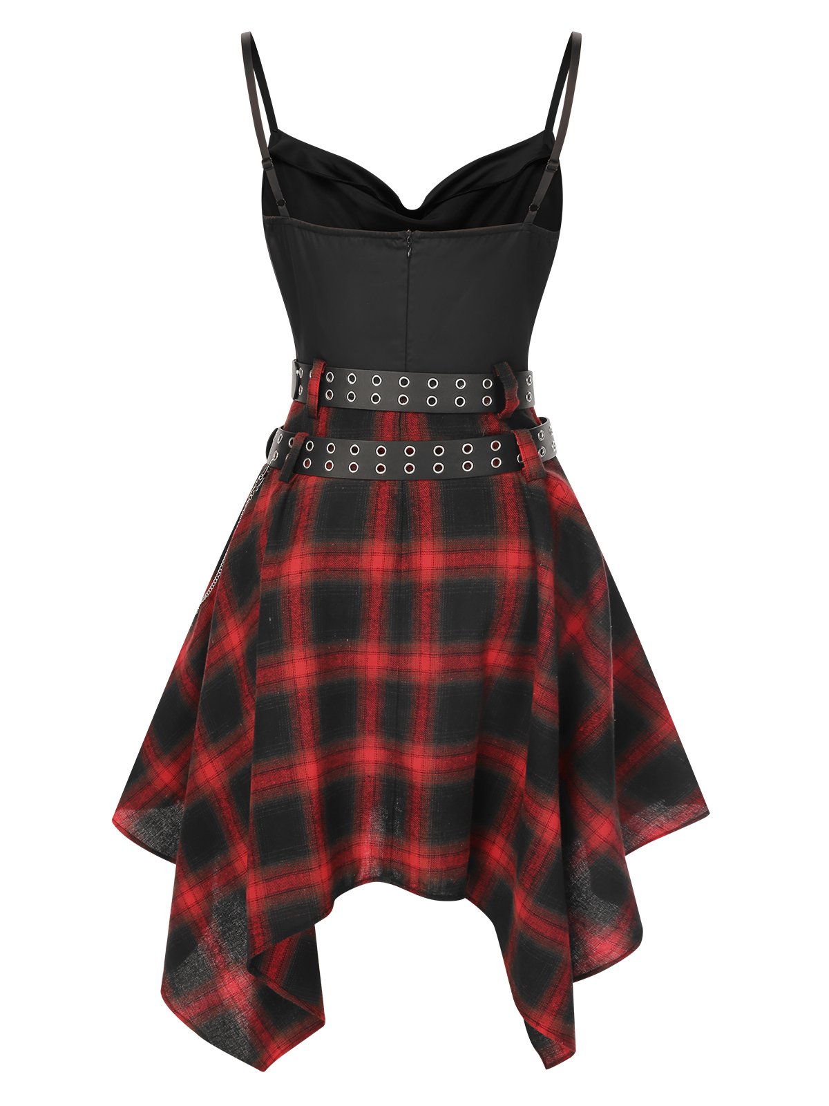 Handkerchief Hem Cami Dress Plaid Cowl Neck Women's with Belts – Gothic, Casual, Party Gift
