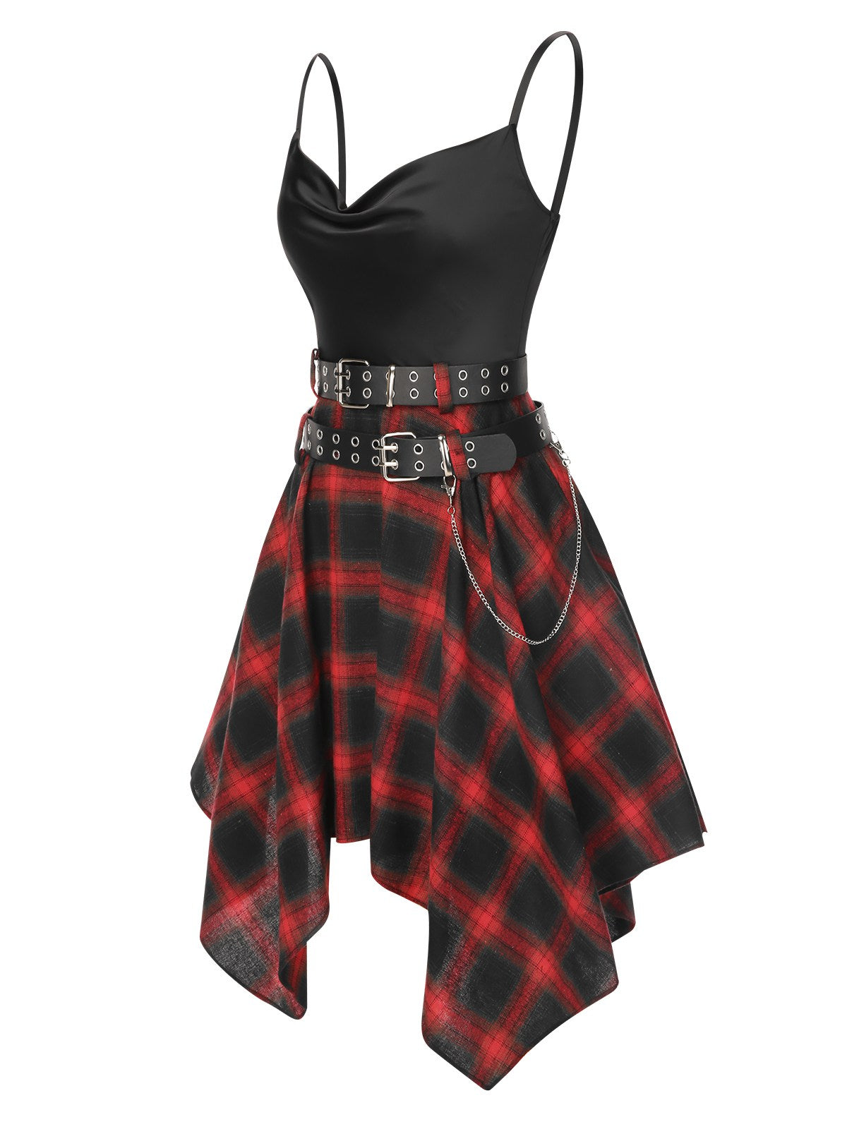 Handkerchief Hem Cami Dress Plaid Cowl Neck Women's with Belts – Gothic, Casual, Party Gift