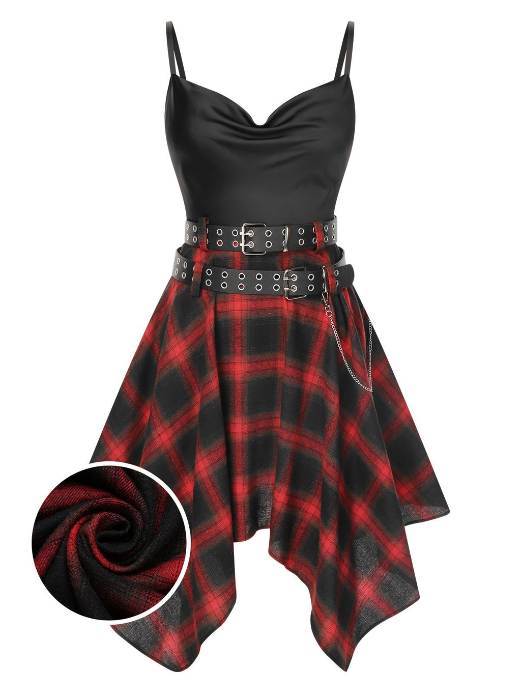 Handkerchief Hem Cami Dress Plaid Cowl Neck Women's with Belts – Gothic, Casual, Party Gift