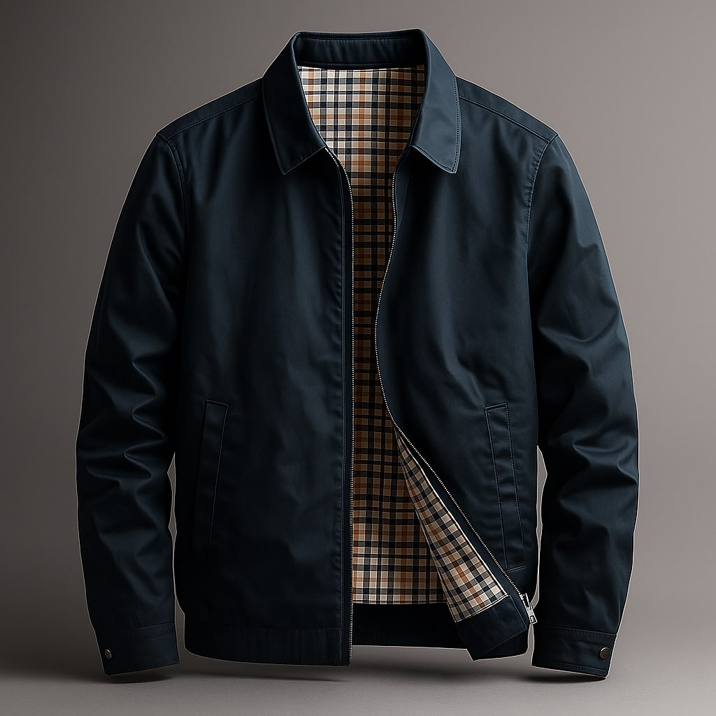 Harrington Jacket Men's Khaki Plaid-Lined Zip Up Collared Bomber Coat – Casual, Office, Everyday, Gift