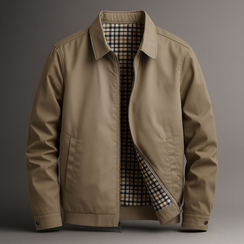 Harrington Jacket Men's Khaki Plaid-Lined Zip Up Collared Bomber Coat – Casual, Office, Everyday, Gift
