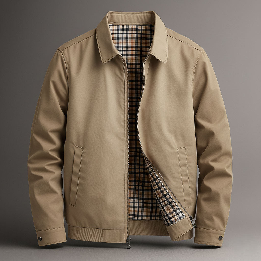 Harrington Jacket Men's Khaki Plaid-Lined Zip Up Collared Bomber Coat – Casual, Office, Everyday, Gift