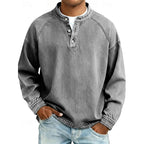 Henley Shirt Cotton Men's Long Sleeve Grey Stand Collar Washed Pullover – Casual, Office, Gift