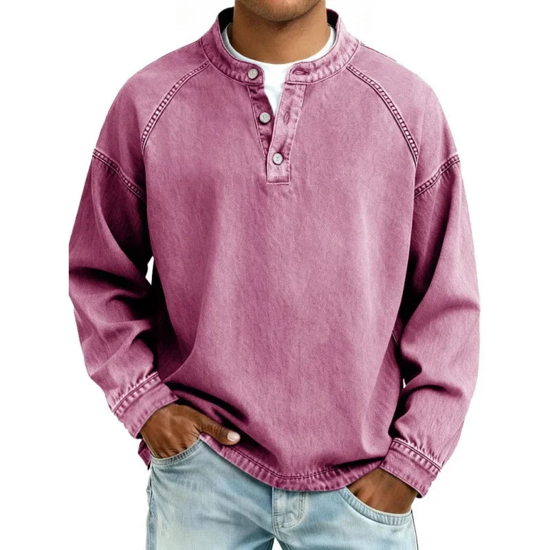 Henley Shirt Denim Blue Men's Long Sleeve Button Neck – Casual, Everyday · Werune