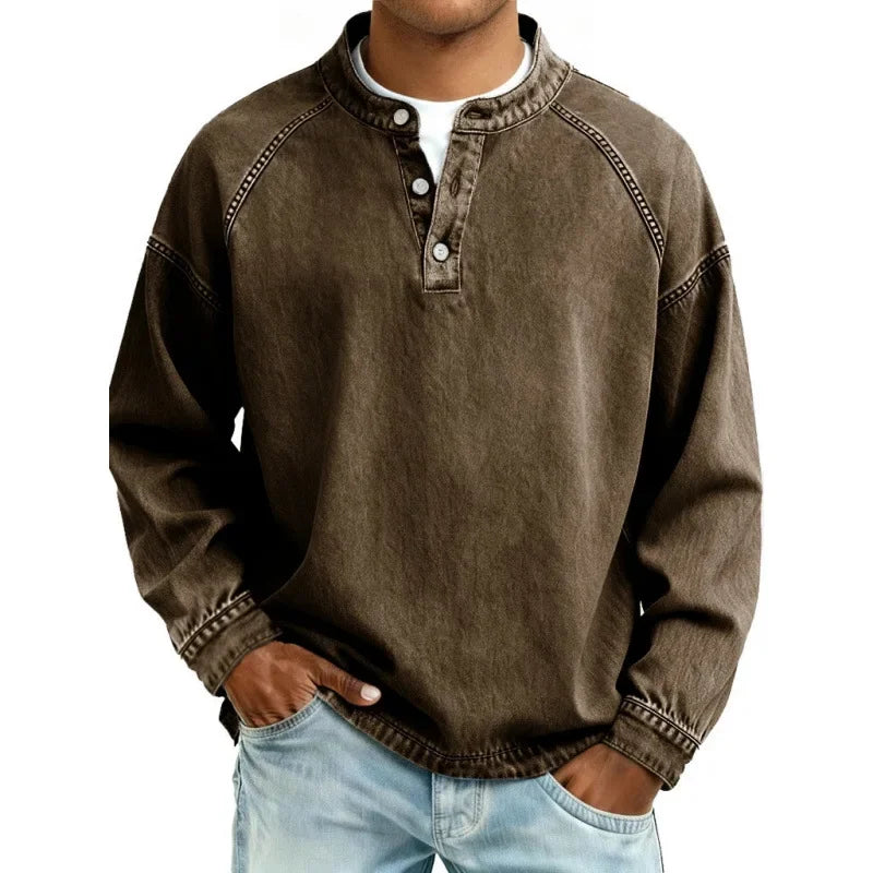 Henley Shirt Denim Blue Men's Long Sleeve Button Neck – Casual, Everyday · Werune