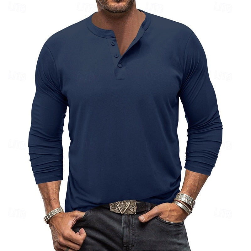 Henley Shirt Long-Sleeve Button Neck Men's Cotton Blend Top – Casual, Office, Everyday Wear, Gift