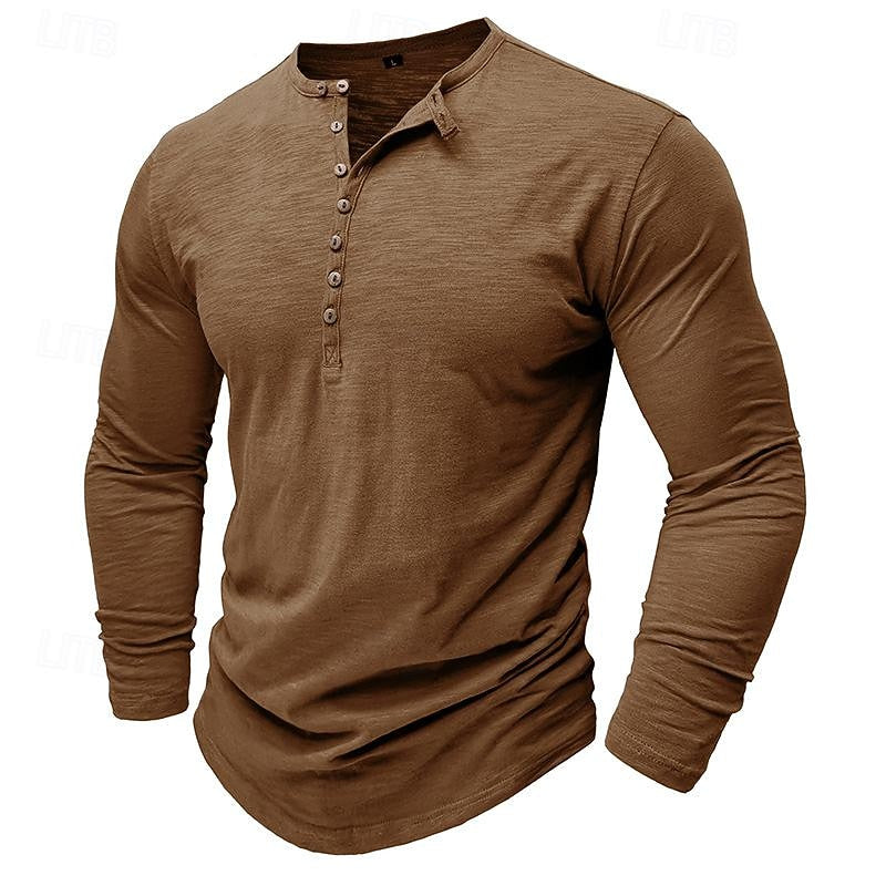 Henley Shirt Long-Sleeve Cotton Men's Olive Green Button Neck – Casual, Office, Everyday Wear
