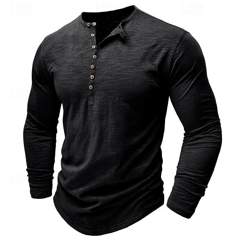 Henley Shirt Long-Sleeve Cotton Men's Olive Green Button Neck – Casual, Office, Everyday Wear