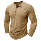 Henley Shirt Long-Sleeve Cotton Men's Olive Green Button Neck – Casual, Office, Everyday Wear