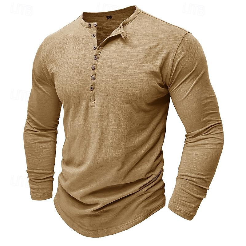 Henley Shirt Long-Sleeve Cotton Men's Olive Green Button Neck – Casual, Office, Everyday Wear