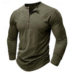Henley Shirt Long-Sleeve Cotton Men's Olive Green Button Neck – Casual, Office, Everyday Wear