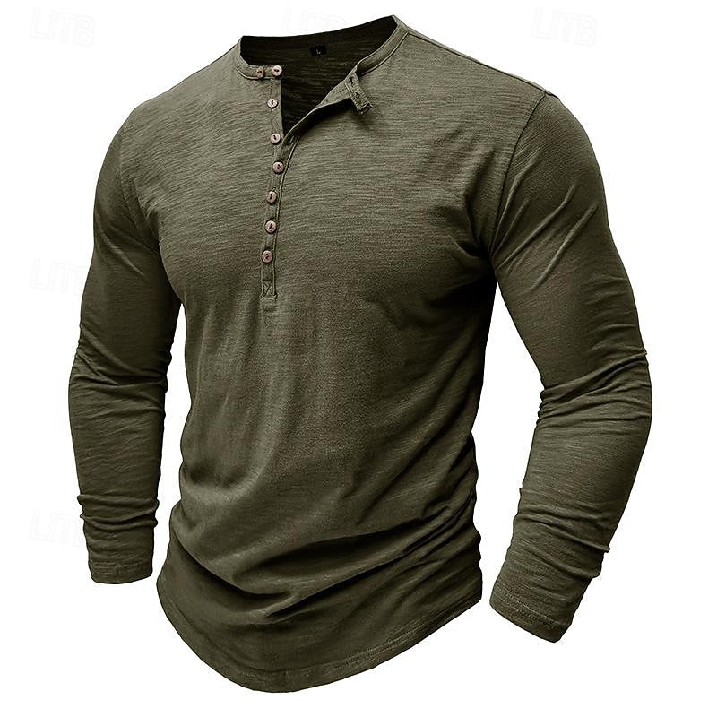 Henley Shirt Long-Sleeve Cotton Men's Olive Green Button Neck – Casual, Office, Everyday Wear