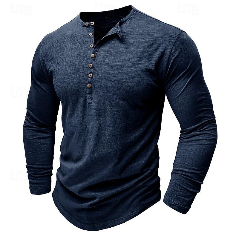 Henley Shirt Long-Sleeve Cotton Men's Olive Green Button Neck – Casual, Office, Everyday Wear