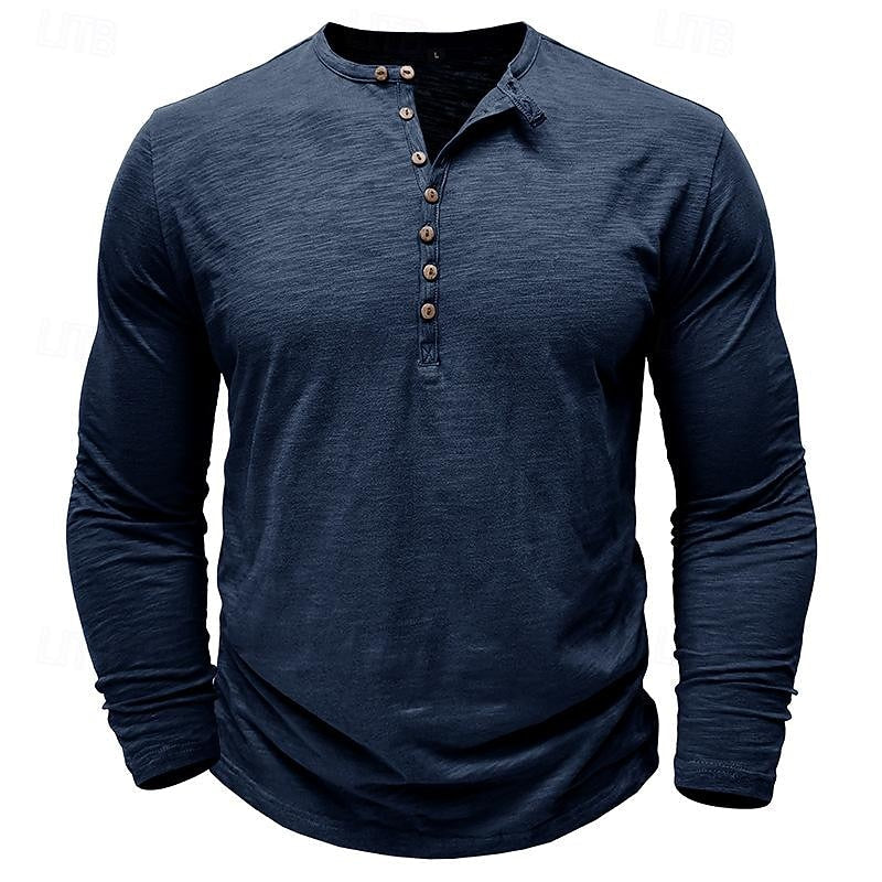 Henley Shirt Long-Sleeve Cotton Men's Olive Green Button Neck – Casual, Office, Everyday Wear