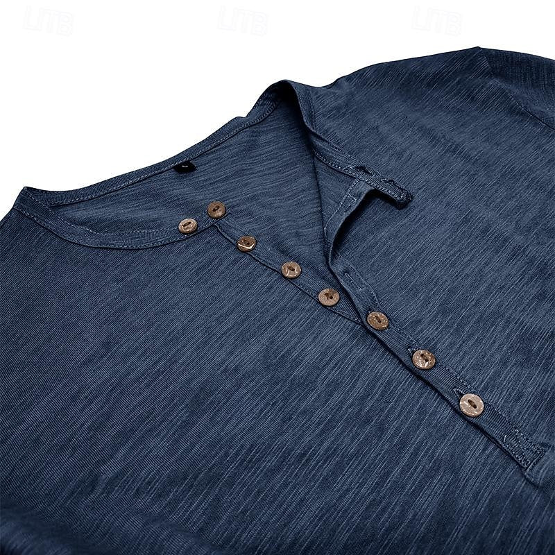 Henley Shirt Long-Sleeve Cotton Men's Olive Green Button Neck – Casual, Office, Everyday Wear