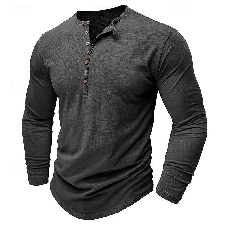 Henley Shirt Long-Sleeve Cotton Men's Olive Green Button Neck – Casual, Office, Everyday Wear