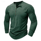 Henley Shirt Long-Sleeve Cotton Men's Olive Green Button Neck – Casual, Office, Everyday Wear