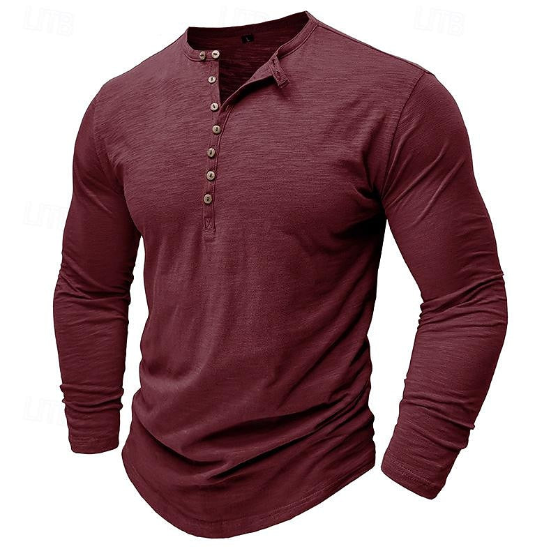 Henley Shirt Long-Sleeve Cotton Men's Olive Green Button Neck – Casual, Office, Everyday Wear