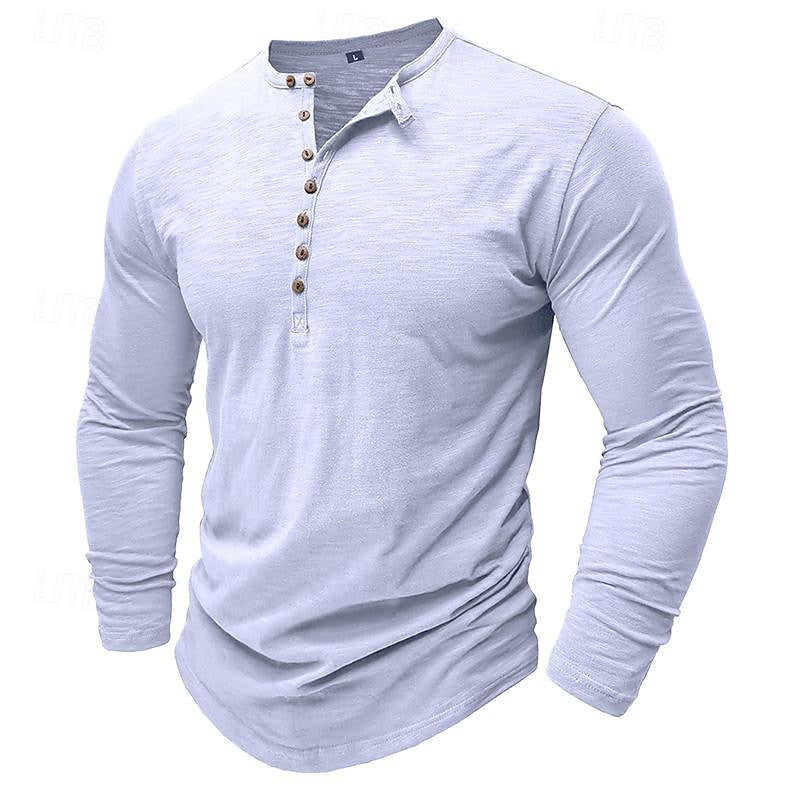 Henley Shirt Long-Sleeve Cotton Men's Olive Green Button Neck – Casual, Office, Everyday Wear