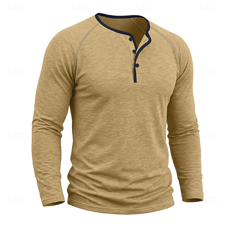Henley Shirt Long Sleeve Men's Cotton Button Neck Green Top – Casual, Office, Holiday, Gift