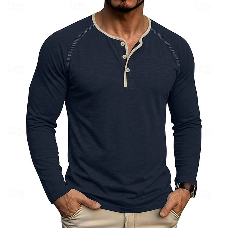 Henley Shirt Long Sleeve Men's Cotton Button Neck Green Top – Casual, Office, Holiday, Gift