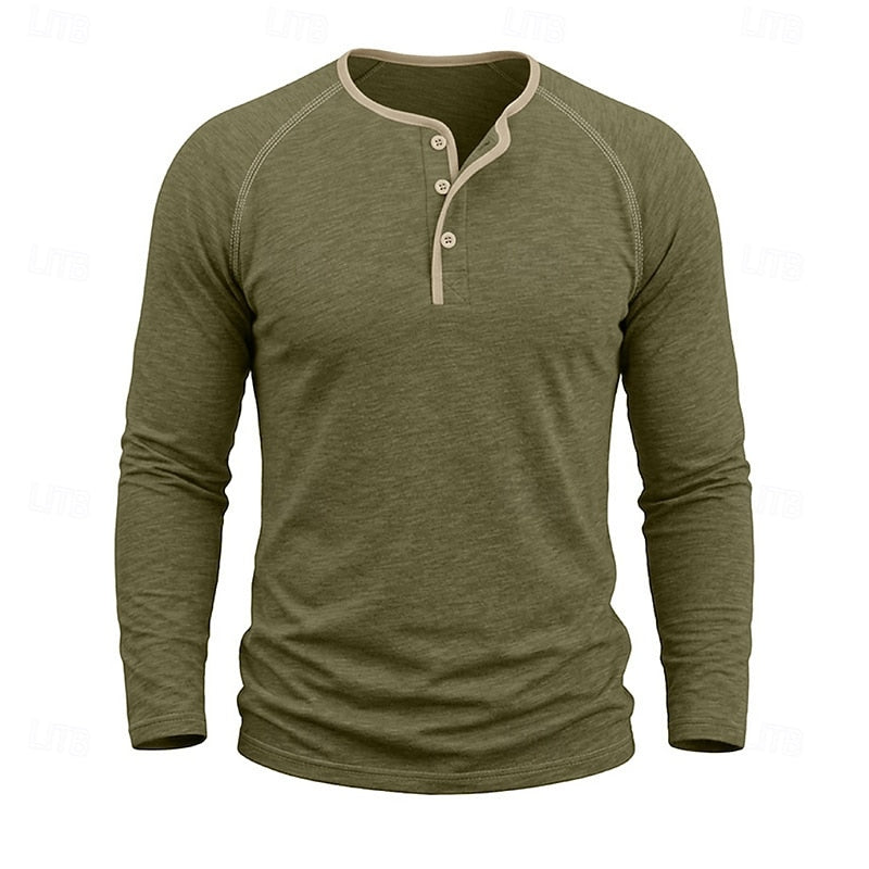 Henley Shirt Long Sleeve Men's Cotton Button Neck Green Top – Casual, Office, Holiday, Gift
