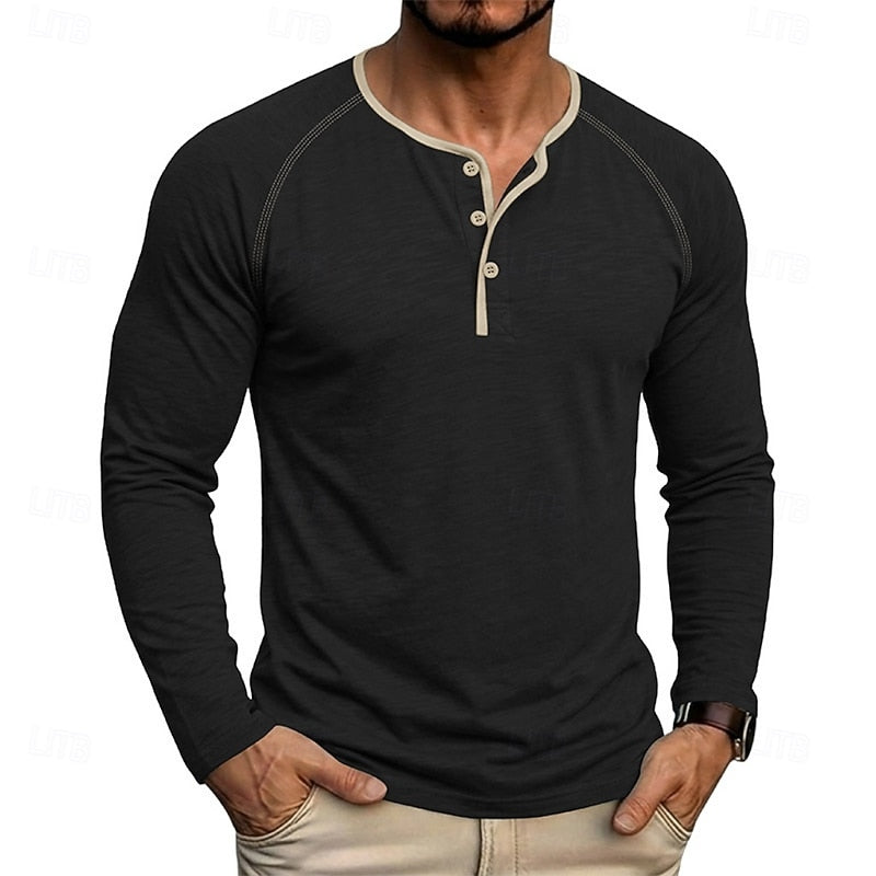 Henley Shirt Long Sleeve Men's Cotton Button Neck Green Top – Casual, Office, Holiday, Gift