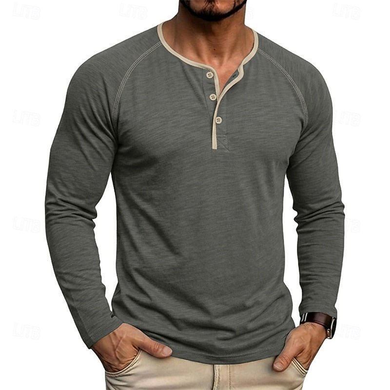 Henley Shirt Long Sleeve Men's Cotton Button Neck Green Top – Casual, Office, Holiday, Gift
