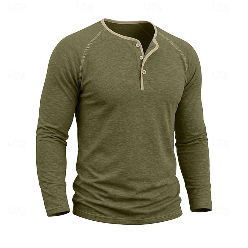 Henley Shirt Long Sleeve Men's Cotton Button Neck Green Top – Casual, Office, Holiday, Gift