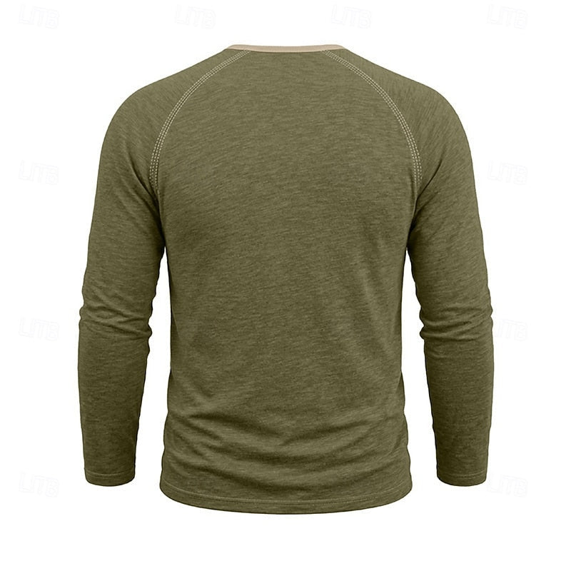 Henley Shirt Long Sleeve Men's Cotton Button Neck Green Top – Casual, Office, Holiday, Gift